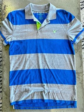 American Eagle Outfitters Blue and Gray Striped Polo with Neon Green Accent